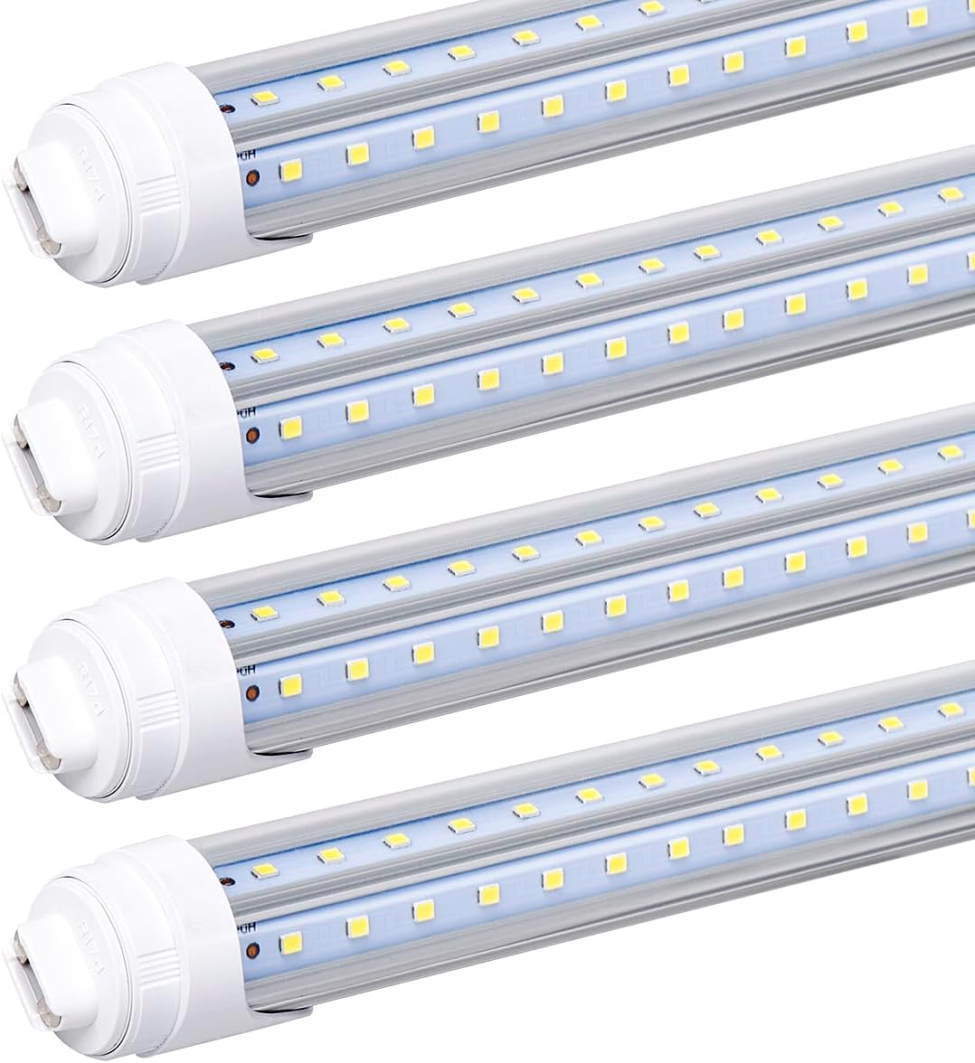 Unpacked or Used 4 Pack, R17D/HO 8FT LED Bulbs - Rotate 2 Row V Shape, 6000K Cold White 100W, 15000LM, 250W Equivalent F96T12/DW/HO, Clear Cover, T8/T10/T12 Replacement, Dual-End Powered, Ballast Bypass