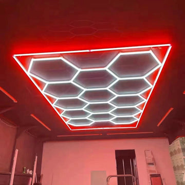 Hexagon Garage Lights with Rectangle Frame, High Brightness 720W 76400LM 15-hole garage light(Red frame)*85 light tubes for Garage, Shop, Basement, Car Detailing Shop etc. with Mounting Clip